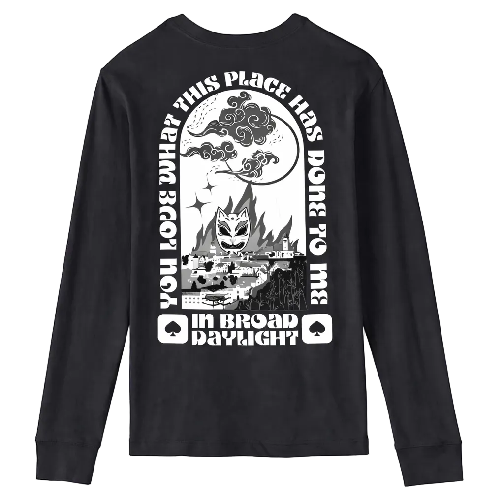 Black long-sleeve shirt with white graphic design on a white background