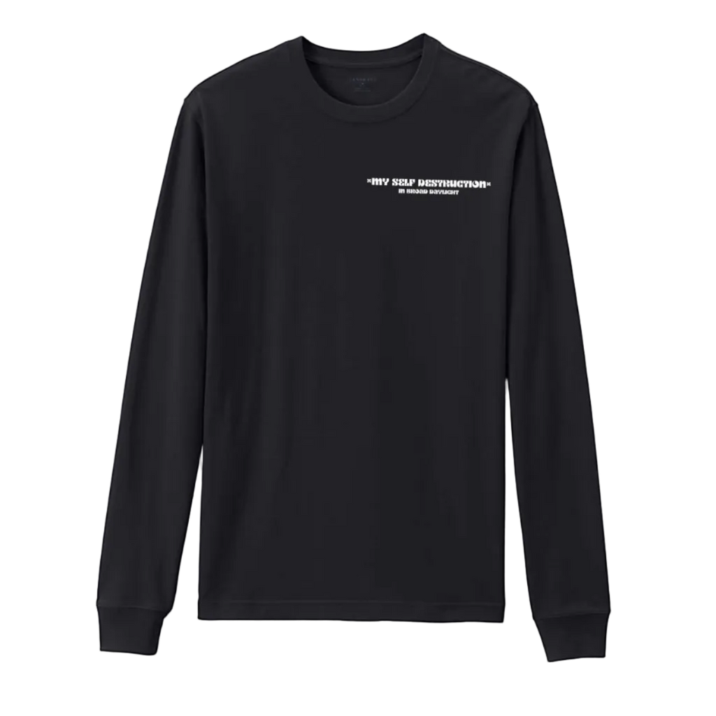Black long-sleeve shirt with text on a white background